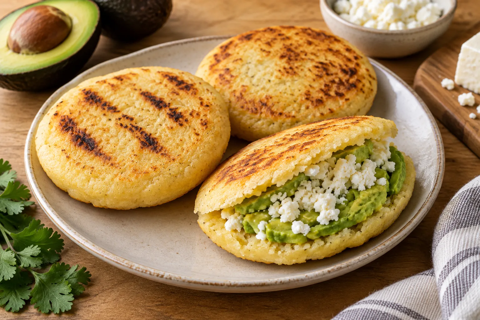 Arepas dorées, dont une ouverte et garnie d’avocat et de fromage frais.
