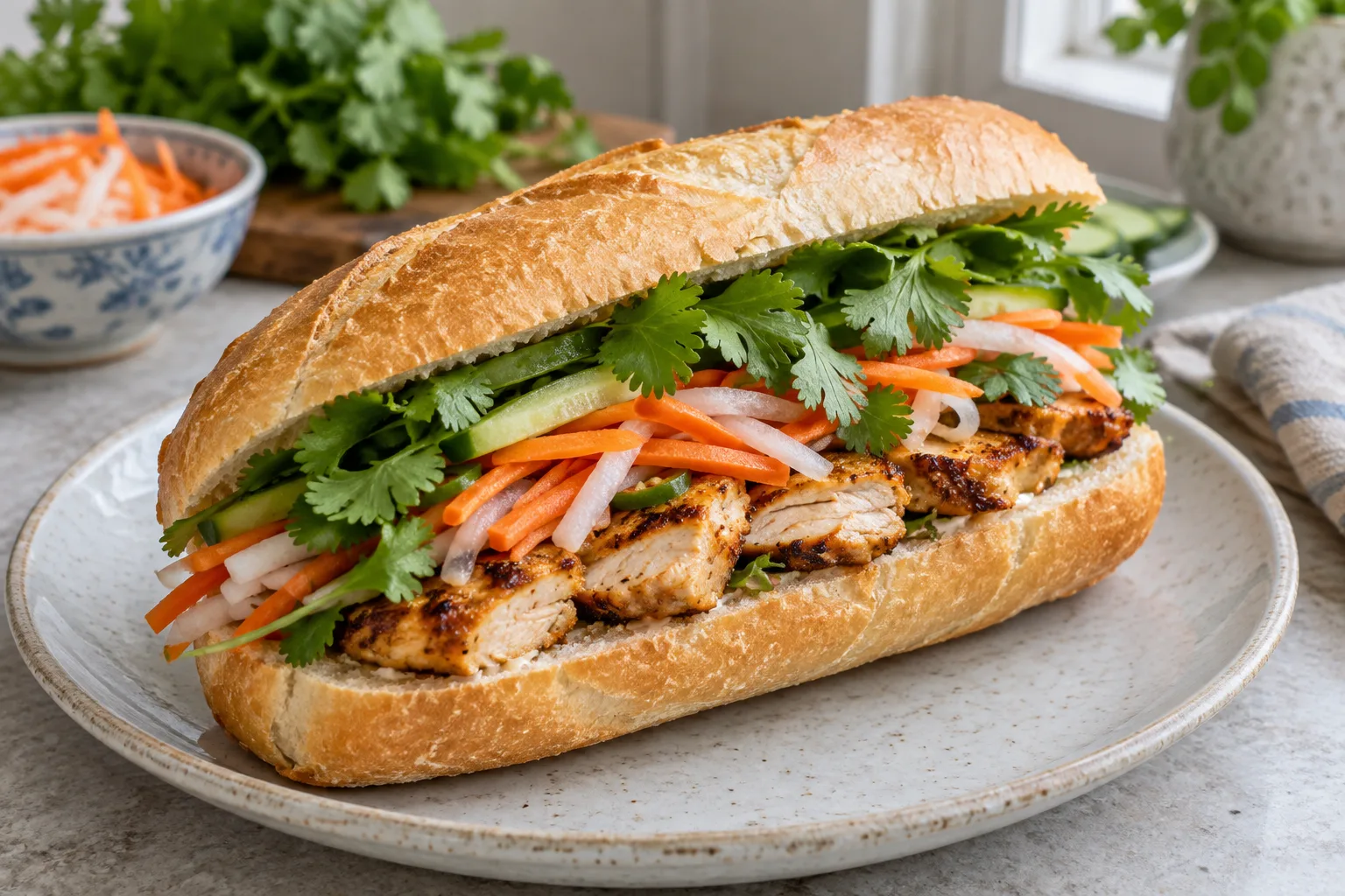 Bánh mì garni de poulet doré, de légumes marinés, de concombre et de coriandre dans une baguette croustillante.