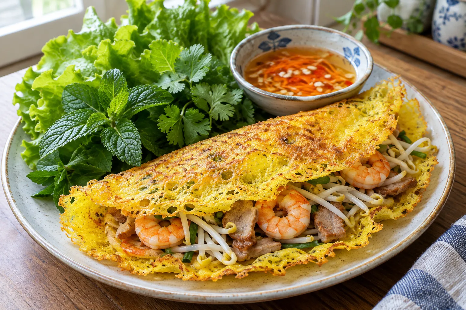 Bánh xèo doré garni de crevettes et de pousses de soja, accompagné d’herbes fraîches et de sauce.