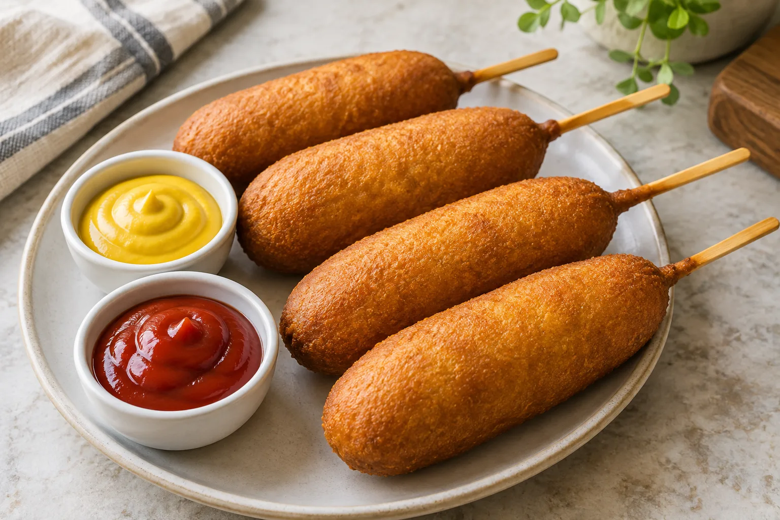 Corn dogs dorés servis sur une assiette avec des sauces.