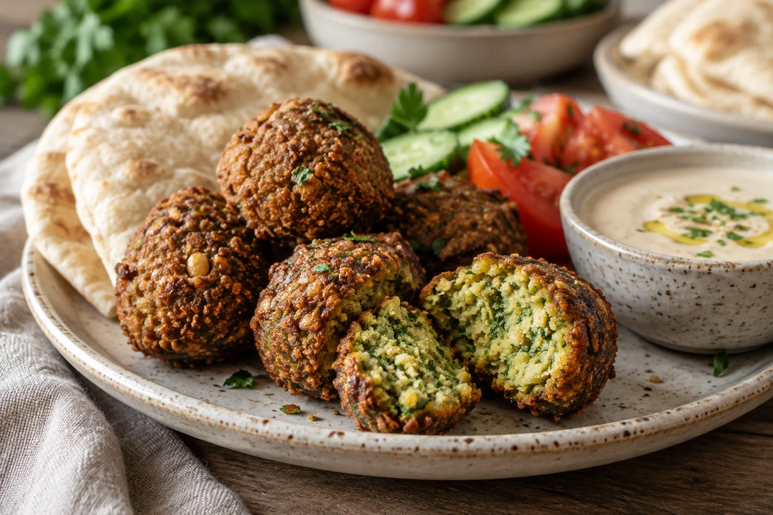 Falafels dorés servis avec du pain pita, des crudités et une sauce au tahini.
