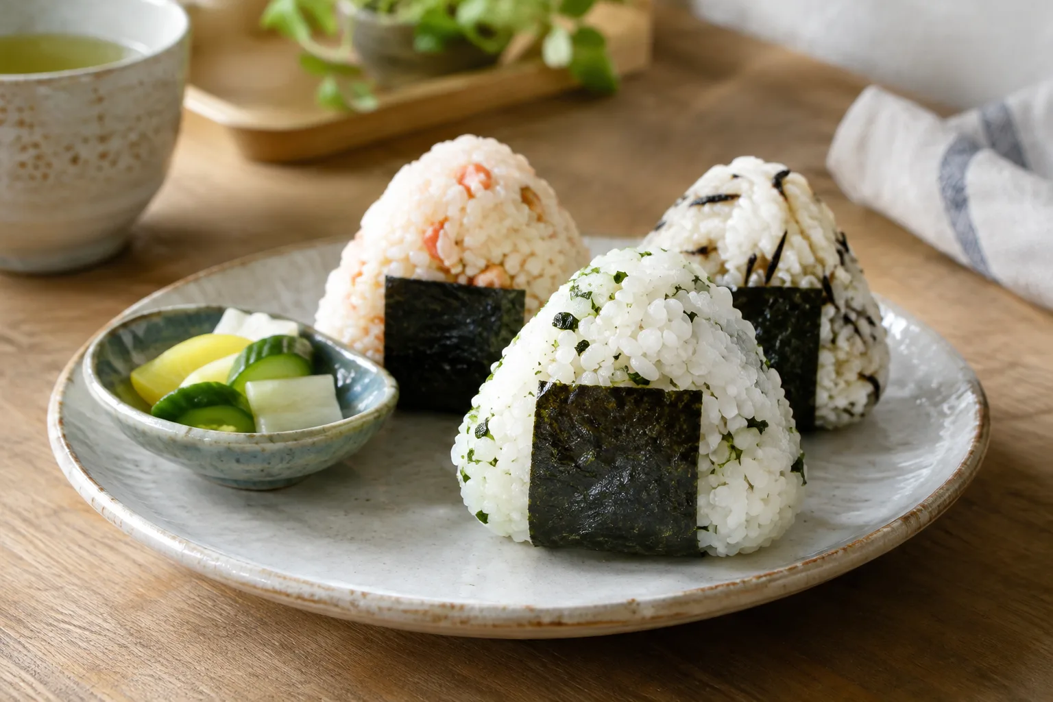Onigiri triangulaires au riz blanc et à la feuille de nori, servis avec des légumes marinés.