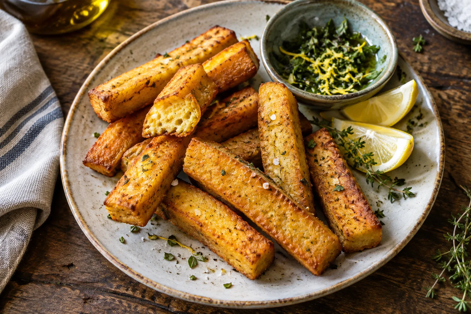 Bâtonnets de panisse dorés servis dans une assiette avec du citron et des herbes.
