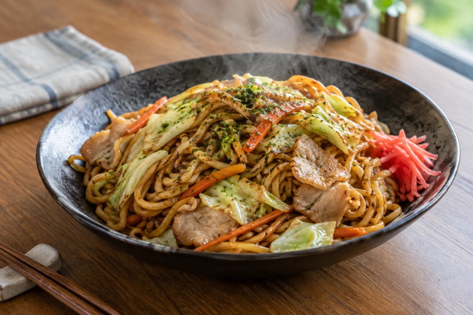 Bol de yakisoba maison avec nouilles sautées, chou, carotte, porc et gingembre mariné.